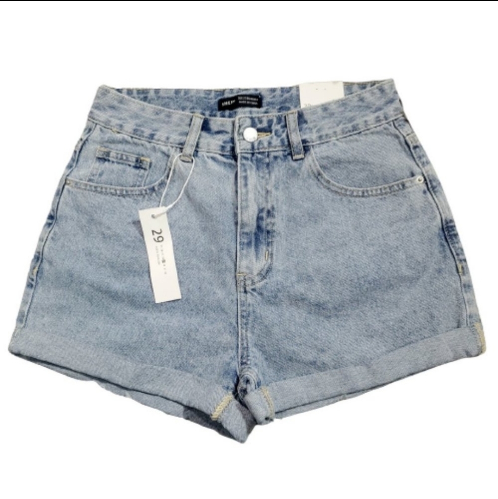 SheIn Womens High Rise Denim Cuffed Mom Shorts Size 26 Light Wash NWT